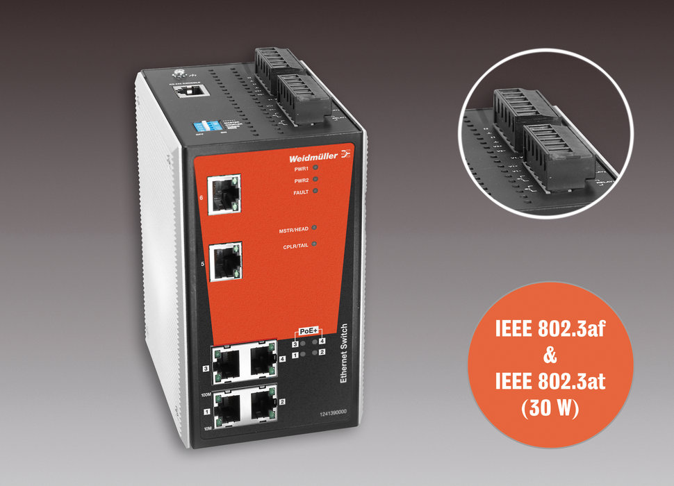 Weidmüller's Power over Ethernet switches: managed and unmanaged 6-port switches with four PoE+ ports. – New PoE+ Industrial Ethernet switches for industrial communication applications.